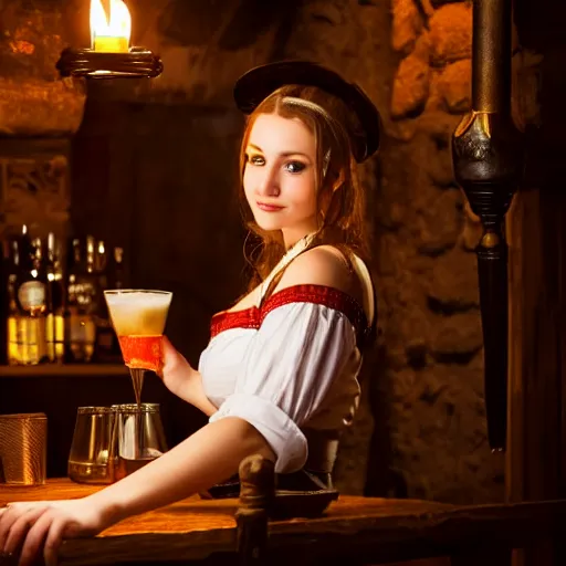 Image similar to young attractive beautiful bar maid in a medieval tavern at night, 4 k detail fantasy, photo realistic, cinematic, filmic, studio lighting