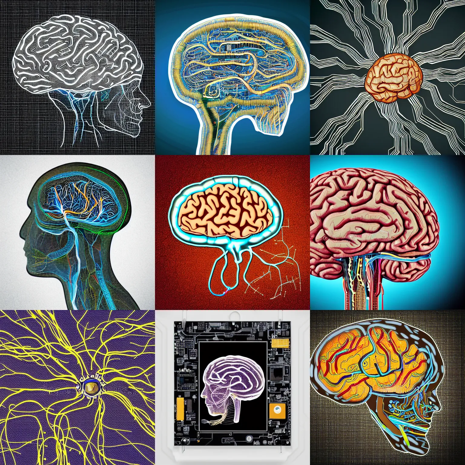 Prompt: human brain, integrated circuit, neurons and synapses, printed circuit board, electrical signals, detailed, realistic, in style of digital illustration