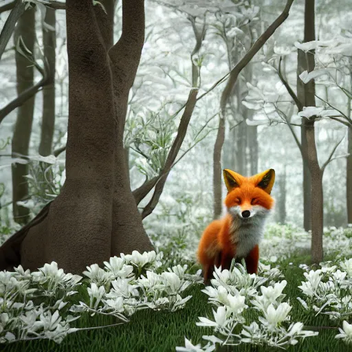 Prompt: small red fox in a forest full of white magnolias, fantasy, octane render, highly detailed