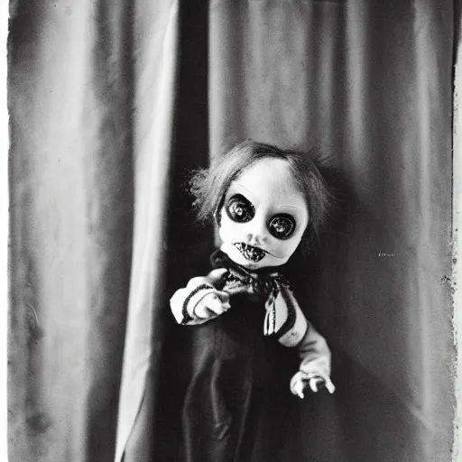 Prompt: ventriloquist doll holding a knife hiding behind a curtain, ventriloquist dummy, photo, hyperrealistic, creepy, dark, epic, cinematic, style of atget, style of cabinet of dr. caligari, detailed