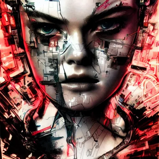 Prompt: a striking hyper real illustration of Elle Fanning with cybernetics by Yoji Shinkawa