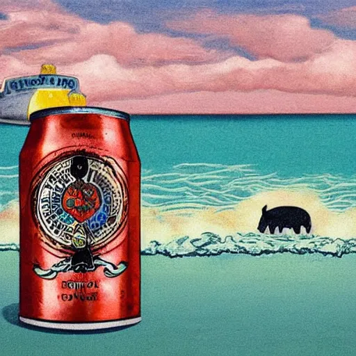 Prompt: a gigantic can of beer sitting in an ocean, a pig is standing in the forefront, rennaisance art, painting, in the style of durer