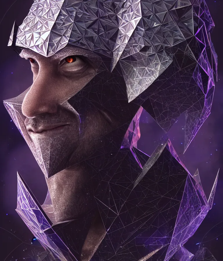 Image similar to front!!! shot of a court jester!!! character, mesmerizing fractal hypercubes, platinum cracked, dark holography!!!, future, metallic galactic, crystalline edges, polygonal, elegant, highly detailed, centered, (((artstation, concept art, jagged, sharp focus, artgerm, Tomasz Alen Kopera, Peter Mohrbacher, donato giancola, Joseph Christian Leyendecker, WLOP, Boris Vallejo))), ((raytracing)), mugshot!!!!!, ugly!!!!!!, octane render, nvidia raytracing demo, octane render, nvidia raytracing demo, octane render, nvidia raytracing demo, 8K, cinematic, masterpiece, fine portrait