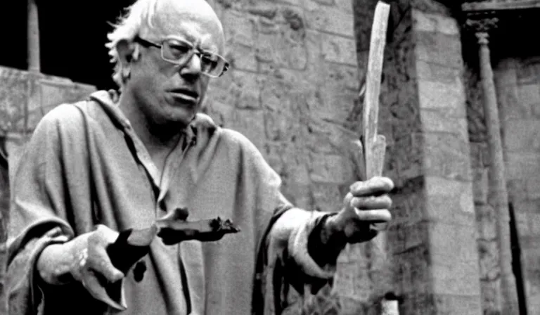 Image similar to a film still of bernie sanders as brian in monty python's life of brian ( 1 9 7 9 )