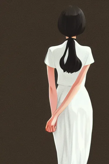 Image similar to mysterious girl with her long black hair dressed in a simple white dress, anime art style, digital art by ilya kuvshinov, inspired by balthus, hd, 4 k, hyper detailed, rear view