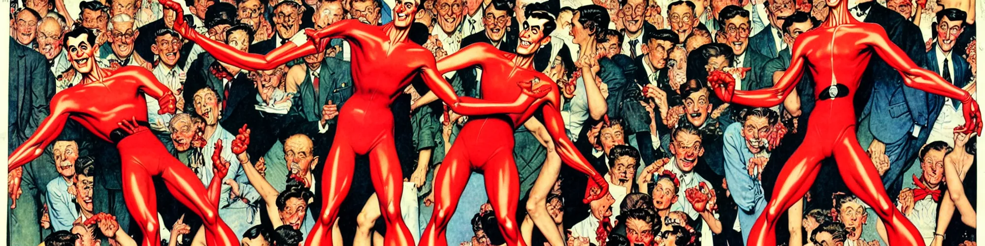 Prompt: plasticman showing off his weird limbs illustrated by norman rockwell with very long hands and arms and fingers and legs and feet twirling and twisting around at a very sunny park in a very crowded city with people looking surprised and stunned, funny, silly