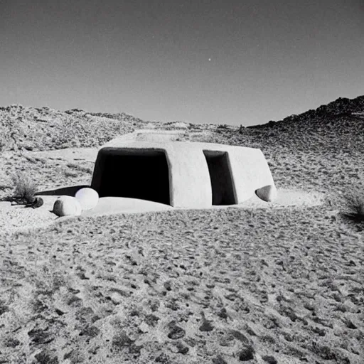 Image similar to an orb-like clay house sitting in the desert, vintage photo, beautiful cinematography, blue sky, film grain