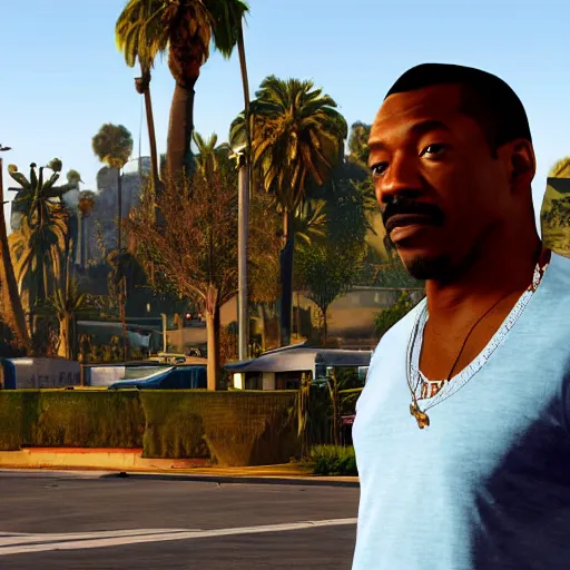 Image similar to Eddie Murphy in GTA V. Los Santos in the background, palm trees. In the art style of Stephen Bliss