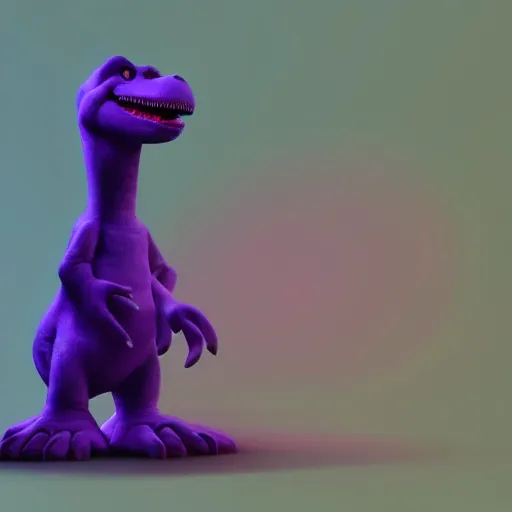 Image similar to barney the dinosaur in a dim purple lit room, melancholy, trending on artstation