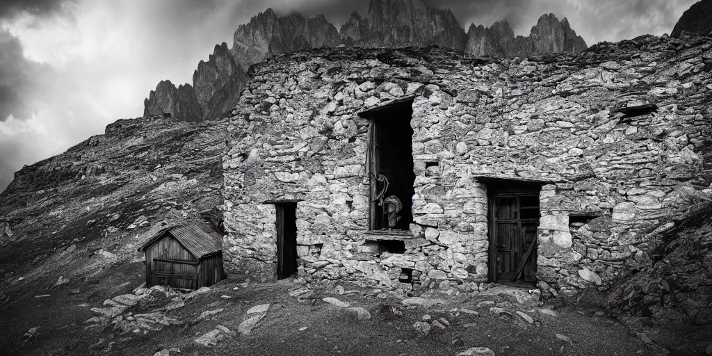 Prompt: photography of a wall with alpine farmer tools hanging down, old hut, alp, dolomites, alpine, detailed intricate insanely detailed octane render, 8k artistic 1920s photography, photorealistic, black and white, chiaroscuro, hd, by David Cronenberg, Raphael, Caravaggio