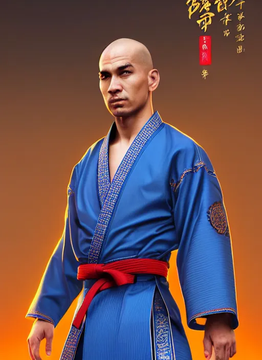 Image similar to male martial artist with a mostly shaved head and a high ponytail!!! asian facial features and blue eyes!! intricate ornate blue robes!! character concept art, sharp focus, octane render! unreal engine 5! highly rendered!! trending on artstation!! detailed linework!! illustration by artgerm, wlop, and chie yoshii