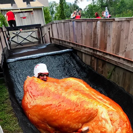 Prompt: the world\'s largest raw chicken going down a slip \'n\' slide