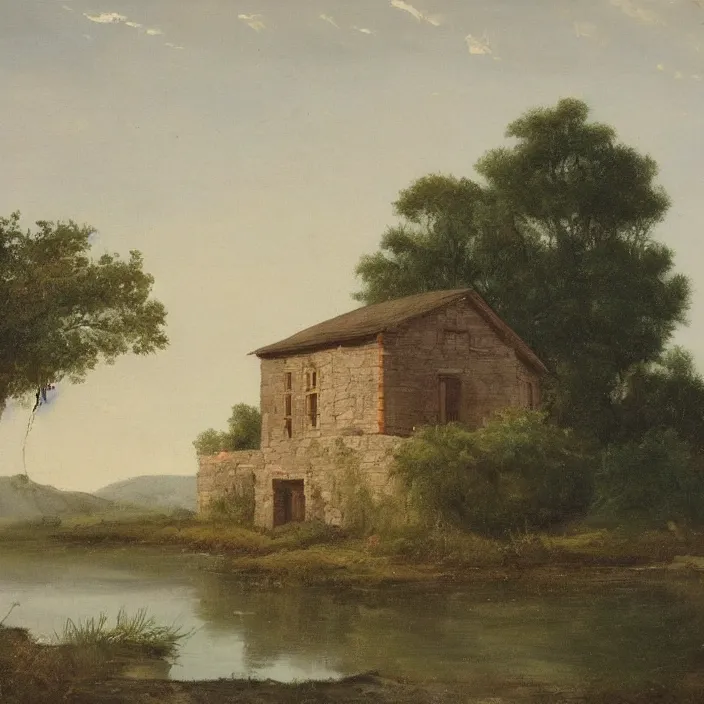 Prompt: a building in a serene landscape, romanticism art