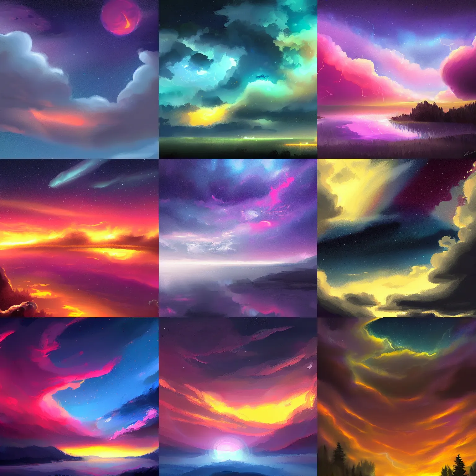 Prompt: Beautiful thunder night sky, digital painting, artstationHQ, artstationHD