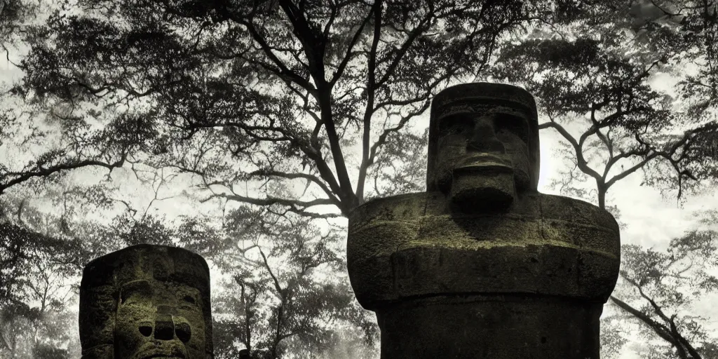 Image similar to olmec head statue on top of a column, at the center of a river delta in the amazon forest, dramatic landscape, volumetric light, digital art, trending on deviantart