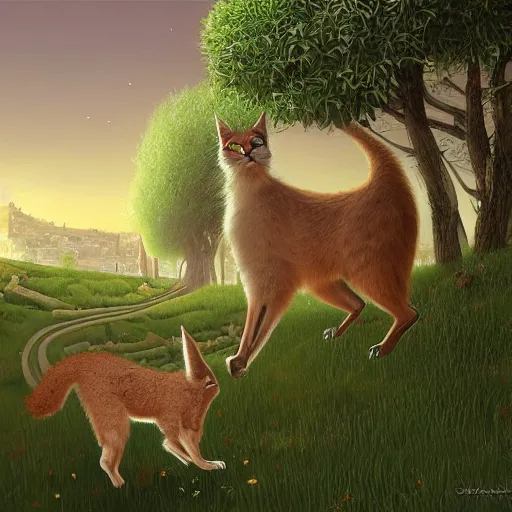 Image similar to cute fluffy caracal in ancient greek town, a beautiful landscape by gediminas pranckevicius