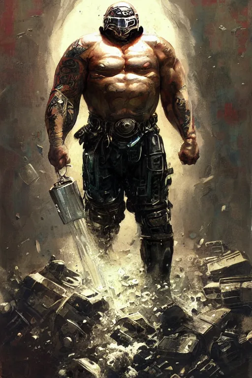 Prompt: pulp scifi fantasy illustration full body portrait marvel juggernaut martyn ford wearing helmet, by norman rockwell, jack kirby, bergey, craig mullins, ruan jia, jeremy mann, tom lovell, 5 0 s, astounding stories, amazing, fantasy, other worlds