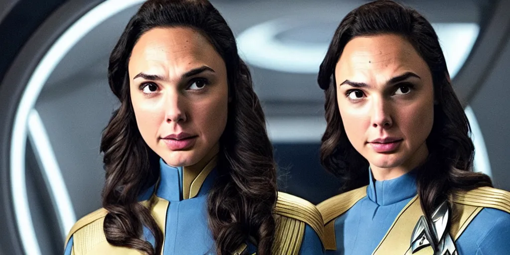 Image similar to Gal Gadot, in full starfleet uniform, is the captain of the starship Enterprise in the new Star Trek movie