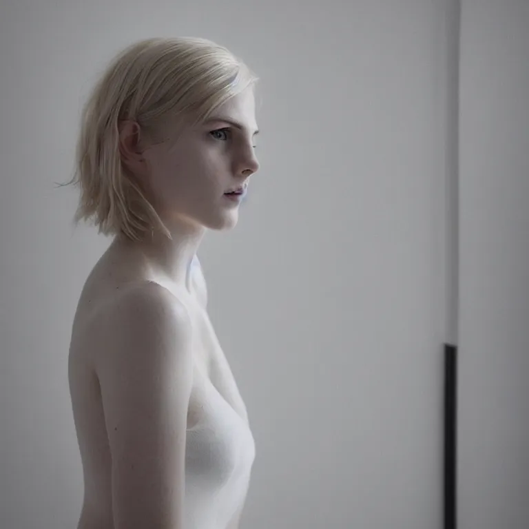 Image similar to cute annie leonhart in a white room, beautiful face, pale skin, rule of thirds, cinematic lighting, rainy weather, melancholy atmosphere, sharp focus, backlit, stunning, model agency, smooth, hard focus, full body shot, instagram photo, shot on sony a 7 iii, hyper realistic,