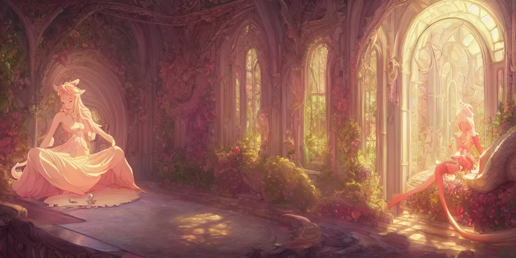 Prompt: hyperrealistic painting of fairy of love and her palace, in the style of Krenz Cushart, Moebius, and Muchain, Prismatic, Rococo, highly detailed, masterpiece, award-winning, sharp focus, intricate concept art, warm lighting, 8k, artstation