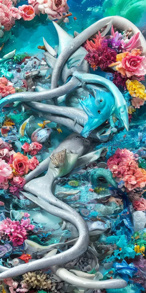 Image similar to closeup photograph of a surrealist sculpture fish intertwined, a lovely cornucopia of flowers and shark, ocean, paint pour, swirling paint, muted color palette, skin tones, highly detailed, octane render, cinematic, super resolution