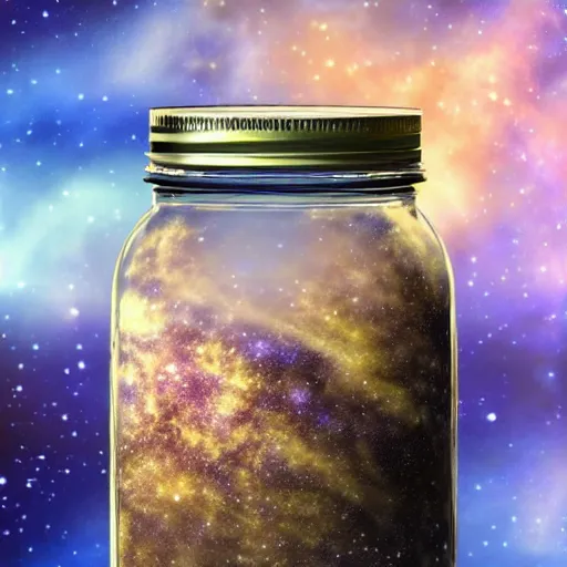 Prompt: the universe in a mason jar, 8 k, hyper realistic, high quality,