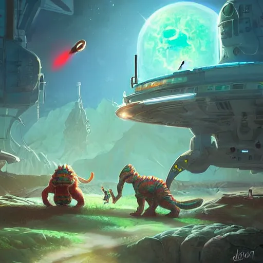 Prompt: Astronauts are having a party with green aliens and some dinosaurs on a blue comet and a red dwarf is as background, by Jordan Grimmer digital art, trending on Artstation,