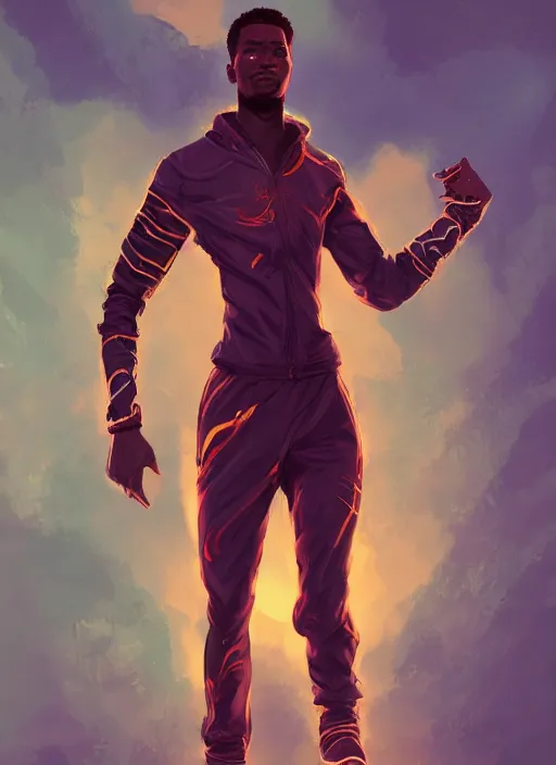 Prompt: a highly detailed illustration of attractive young african guy with flaming hair wearing tracksuit, dramatic standing pose, intricate, elegant, highly detailed, centered, digital painting, artstation, concept art, smooth, sharp focus, league of legends concept art, wlop