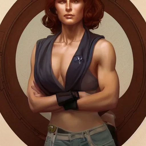 Image similar to female doc savage, painted character portrait, highly detailed, digital painting, artstation, concept art, sharp focus, illustration, art by artgerm and greg rutkowski and alphonse mucha