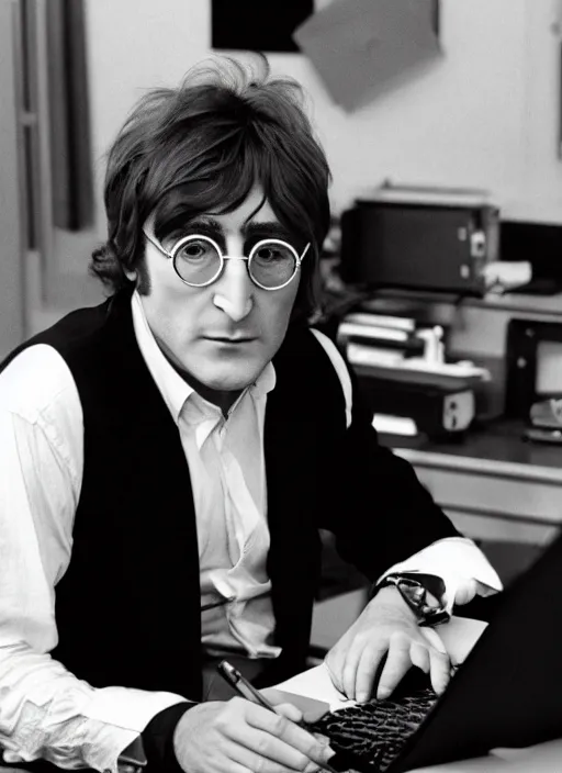 Image similar to john lennon sitting a desk typing on a laptop computer, black and white photo, real, photorealistic