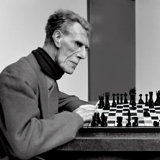 Image similar to ludwig wittgenstein and a humanoid robot, playing chess, dramatic angle