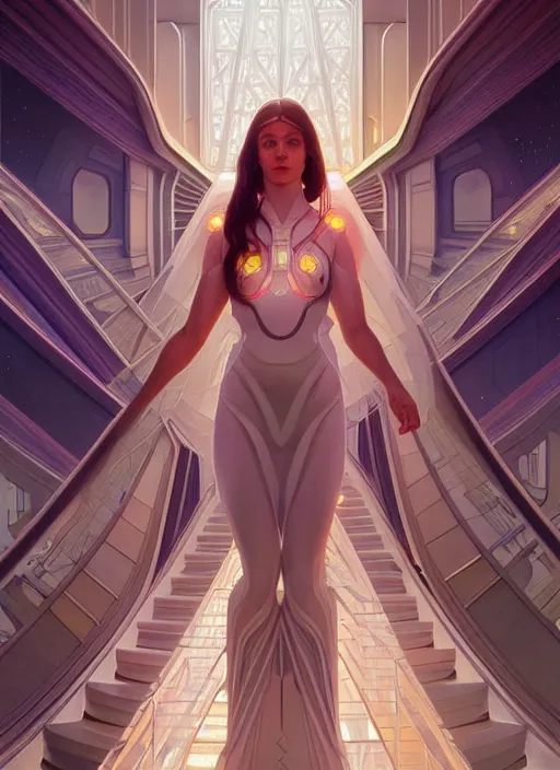 Image similar to symmetry!! portrait bride, going down the stairs, futurism, sci - fi, glowing lights!! intricate, elegant, highly detailed, digital painting, artstation, concept art, smooth, sharp focus, illustration, art by artgerm and greg rutkowski and alphonse mucha, 8 k