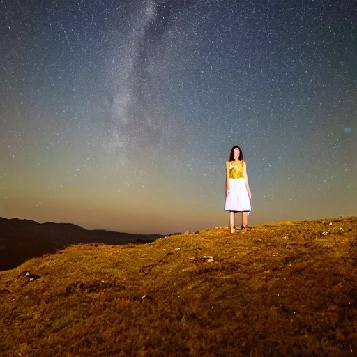 Prompt: photograph of a girl standing on top of a hill against a starry sky