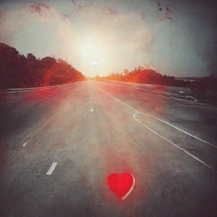 Prompt: atmospheric multiexposure photography of a highway road that is a blood artery leading to the heart sun. carefree vibes.