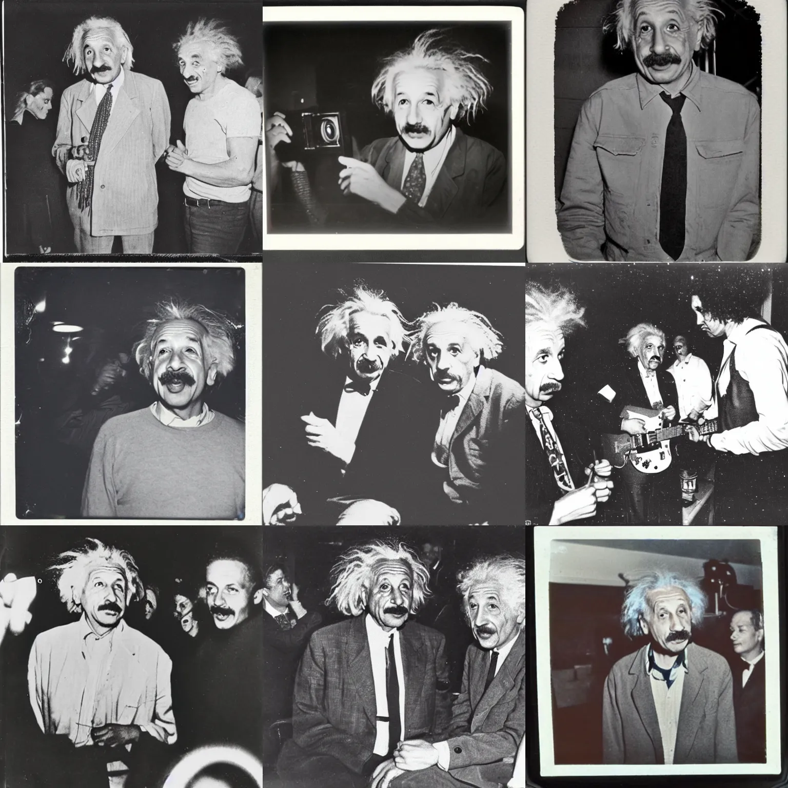 Prompt: old polaroid from 1 9 5 5 depicting albert einstein at a rock concert