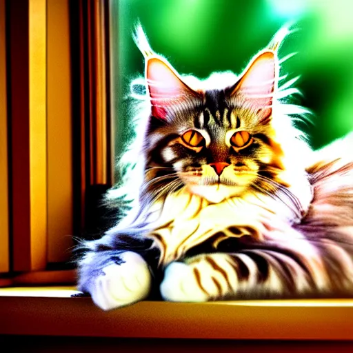 Image similar to portrait cream color maine coon cat curled up, bay window sofa, 8K, 4K, digital art, palette knife, photoshop, sumi-e, oversaturated lens flair, bokeh, sunbeam