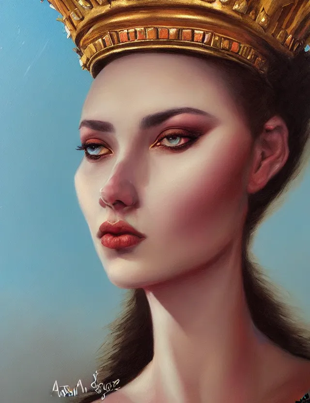 Image similar to blurred background. close-up portrait of a goddess in crown, by Afarin Sajedi and greg rutkowski