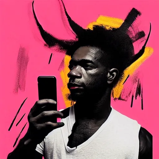 Prompt: A mirror selfie of a black handsome muscular man with white angel wings and black devil horns holding an iPhone, pitchfork, full body, pink background, abstract jean-Michel Basquiat!!!!!!!! oil painting with thick paint strokes!!!!!!!!, oil on canvas, aesthetic, y2k!!!!!!, intricately!!!!!!!! detailed artwork!!!!!!!, trending on artstation, in the style of jean-Michel Basquiat!!!!!!!!!!!!, by jean-Michel Basquiat!!!!!!!!!!!