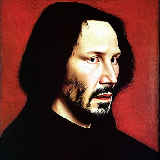 Image similar to portrait of keanu reeves, oil painting by jan van eyck, northern renaissance art, oil on canvas, wet - on - wet technique, realistic, expressive emotions, intricate textures, illusionistic detail