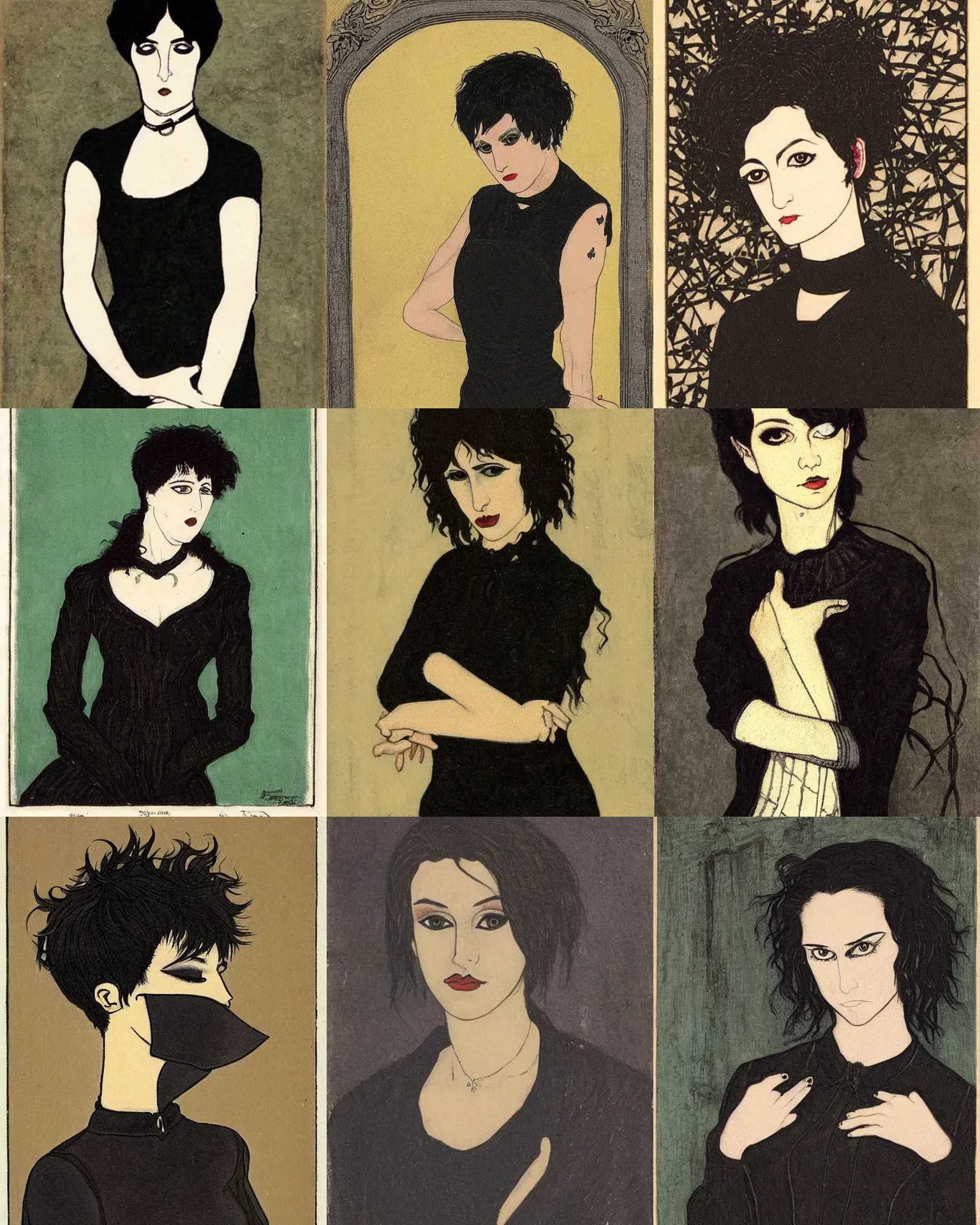 Prompt: A goth portrait by Eugène Grasset. Her hair is dark brown and cut into a short, messy pixie cut. She has a slightly rounded face, with a pointed chin, large entirely-black eyes, and a small nose. She is wearing a black tank top, a black leather jacket, a black knee-length skirt, a black choker, and black leather boots.