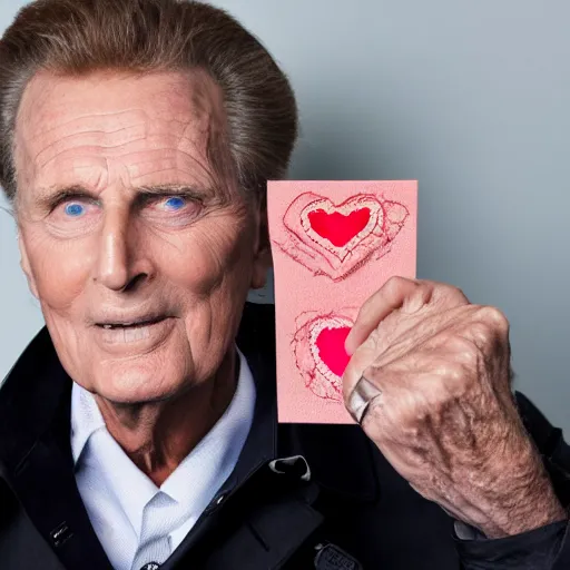 Image similar to robert stack wearing a trench coat unsolved mysteries holding a valentines card, ( sony a 7 r iv, symmetric balance, polarizing filter, photolab, lightroom, 4 k, dolby vision, photography awardm, voque, perfect face )