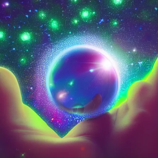 Prompt: a hand holding a bunch of glass bubbles in a cosmos space full of stars and vibrant clouds, volumetric light, green and yellow colors, digital art, artstation