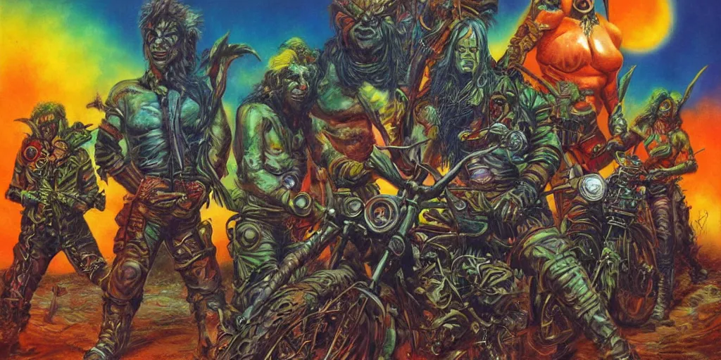 Prompt: psychedelic post apocalyptic orcish biker gang, sharp focus, psychedelic colors, boris vallejo, michael whelan