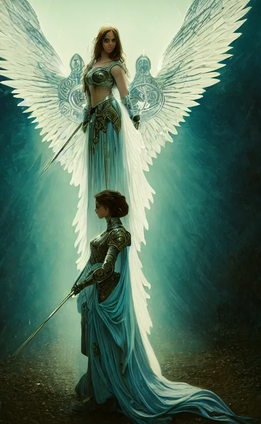 Image similar to angel, big wings, low key light, full plate armor with cloth, f 1 6, bokeh, medium portrait, gentle, female, ornate city ruins, landscape, d & d, fantasy, intricate, elegant, highly detailed, teal white gold color palette, roger deakins, sharp focus, greg rutkowski and alphonse mucha