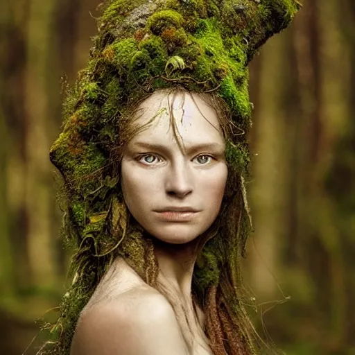 Prompt: beautiful portrait of a forest dryad, her skin made of moss, flowers growing from her head, golden sunlight, extremely detailed, hyperrealistic, photo by annie leibovitz, masterpiece, award-winning