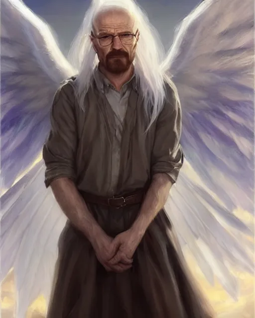 Image similar to walter white winged angel, male!!!!!!!, long white hair, by daniel gerhartz, trending on artstation