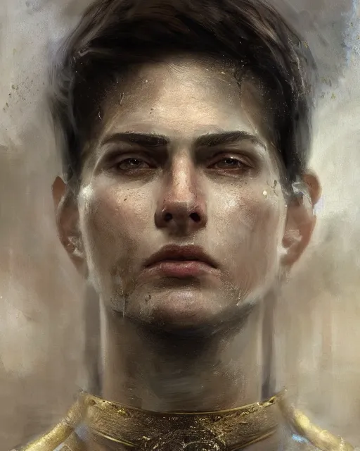 Prompt: close up of a young emperor wearing an armor ; masculine man with thin faces line and perfect jawline, two sides brown hair, elegant, ethereal horror fantasy art by greg rutkowski, jeremy mann, magali villeneuve and claude monet, large shoulders