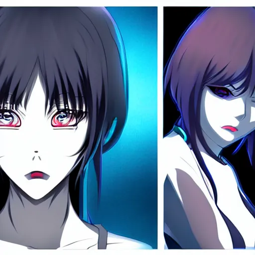 Prompt: female cyberpunk anime girl, symmetrical faces and eyes symmetrical body, middle shot waist up, Madhouse anime studios, Black Lagoon, Perfect Blue, Wit studio anime, studio lighting