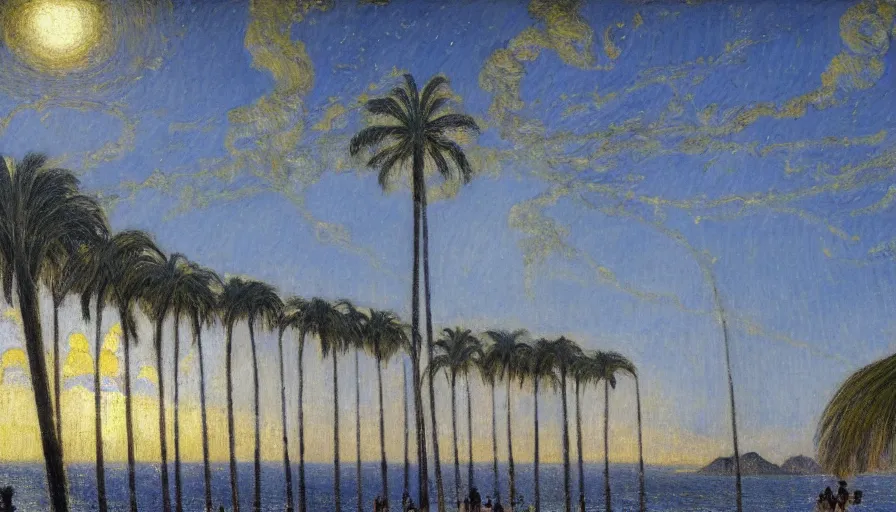 Prompt: a ultradetailed beautiful painting of the night sky of the rio de janeiro palace balustrade designed by jules bastien - lepage, tarsila do amaral, frank weston and gustave baumann, beach, trending on artstation, mediterranean, palm trees, sharp focus, giant greek columns, soft light, 8 k 4 k