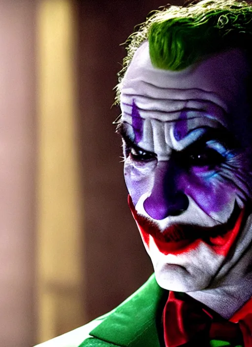 Image similar to film still of tom selleck as the joker in the dark knight, 4 k